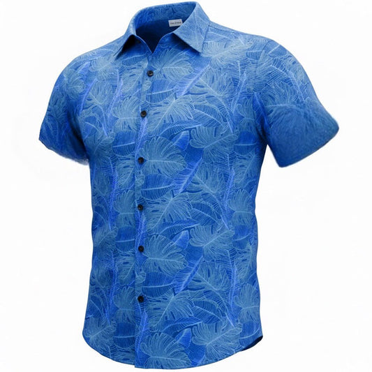 Blue shirt with leaf pattern on a white background