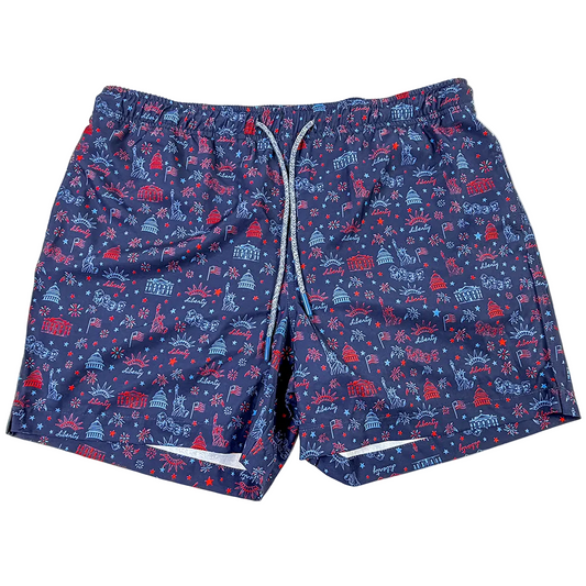 Navy blue swim shorts with red and white pattern on a white background