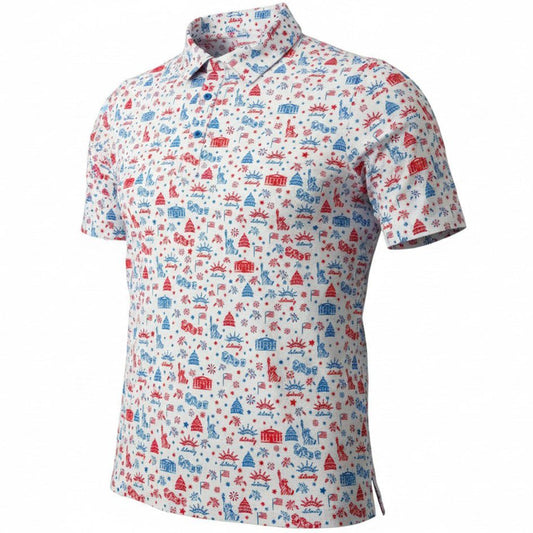 Short-sleeve shirt with colorful pattern on a white background