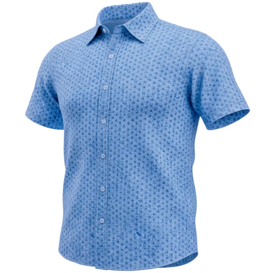 Blue patterned short-sleeve shirt on a white background