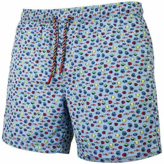 Colorful patterned swim shorts with a drawstring on a white background