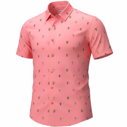 Pink short-sleeve shirt with a subtle cocktail glass pattern on a white background