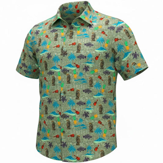Short-sleeve shirt with colorful pattern on a white background