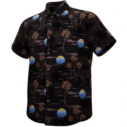 Black shirt with palm tree and sunset pattern on a white background