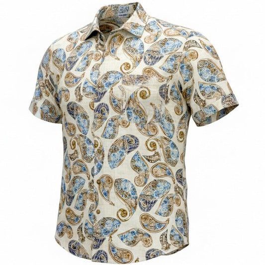 Short-sleeve shirt with a paisley pattern on a white background