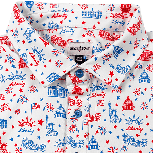 Folded shirt with American-themed pattern on a white background