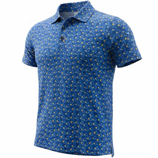 Blue polo shirt with yellow pattern on a white background