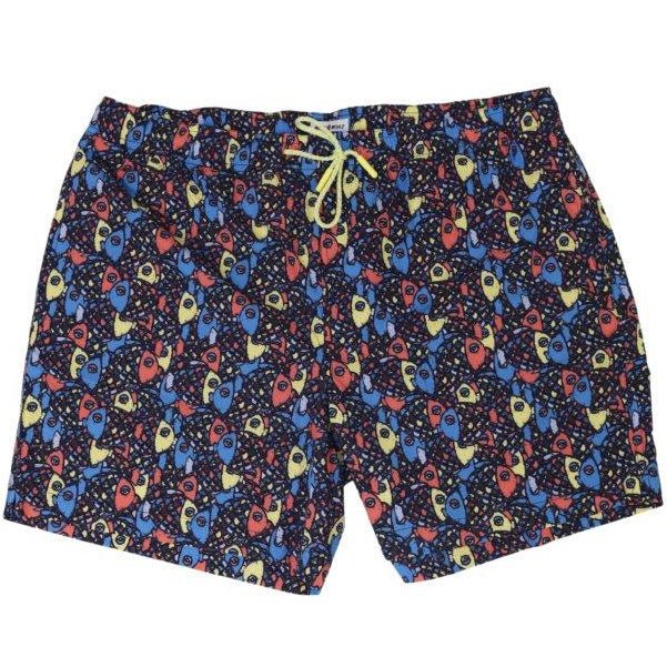 Abstract Fish swim trunks rainbow athletic fit quick dry front view