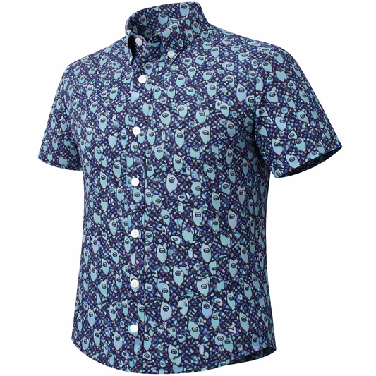 Abstract Fish woven shirt aqua short sleeve stretch button-down front view