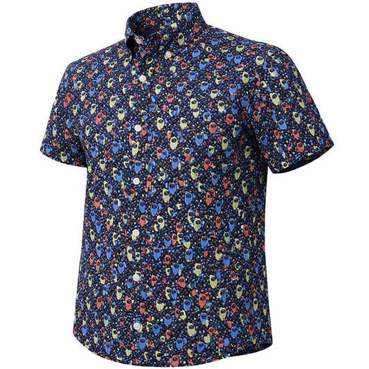 Abstract Fish woven shirt rainbow short sleeve stretch button-down front view