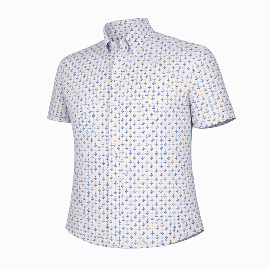 Anchor White Multi Woven Shirt short sleeve stretch button down front view