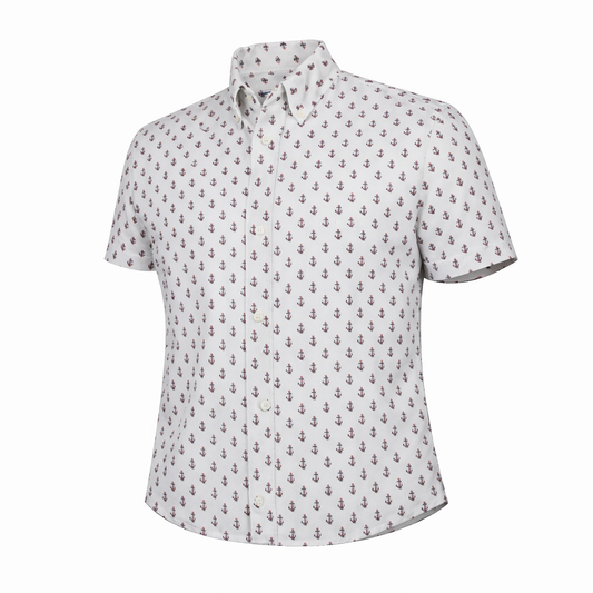 Anchors and Flags Woven Shirt silver nautical pattern short sleeve button down front view