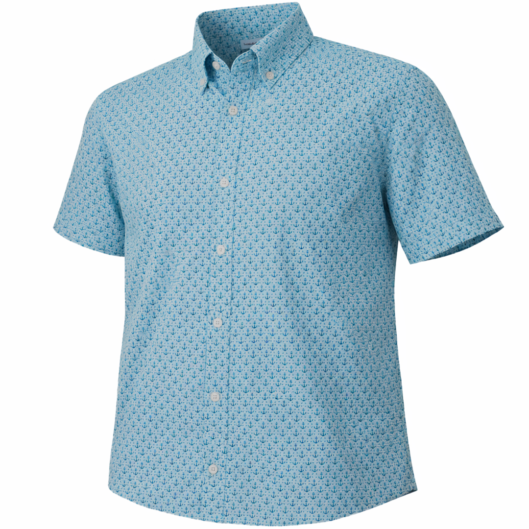 Anchors and Rings Woven Shirt aqua front view
Anchors and Rings aqua short sleeve button down shirt pattern detail
Anchors and Rings woven shirt aqua side view
Anchors and Rings aqua button down shirt collar close up
Anchors and Rings woven shirt aqua lifestyle outdoor image
