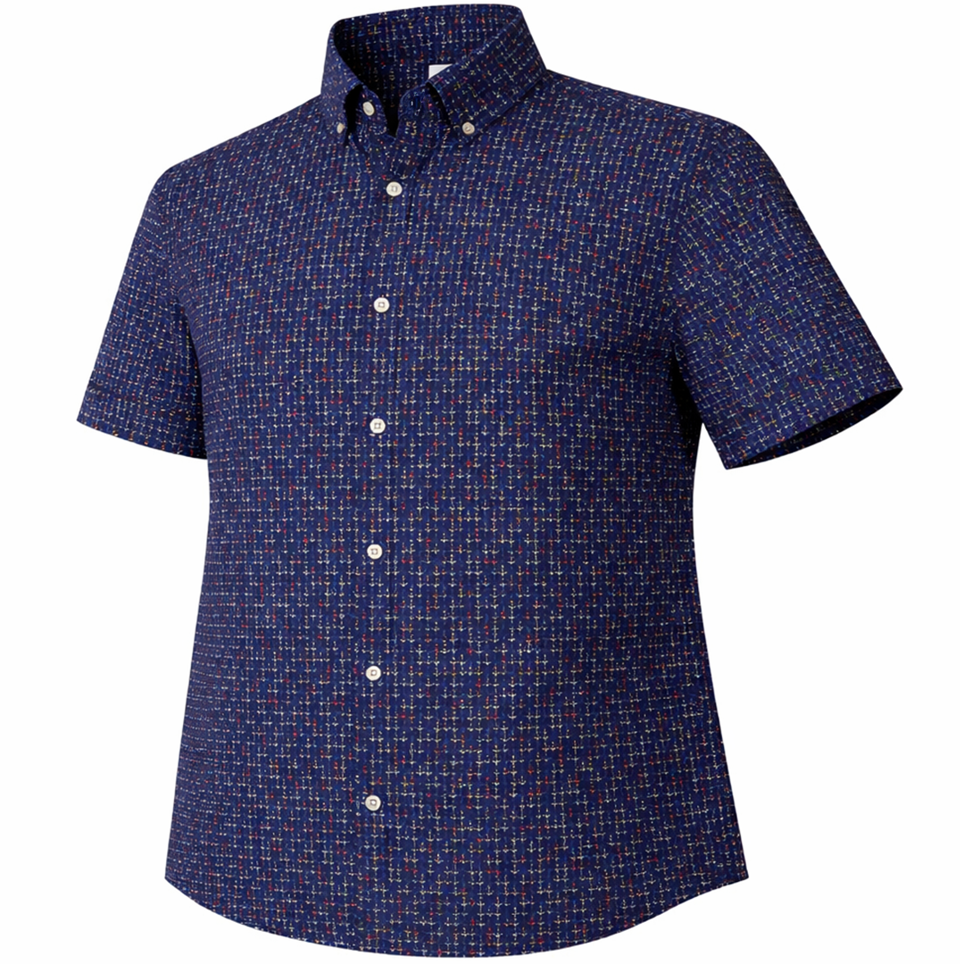 Anchors Away woven shirt navy short sleeve stretch button-down front view