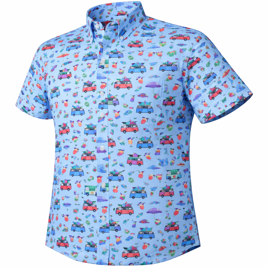 Beach Day woven shirt blue short sleeve stretch button-down front view