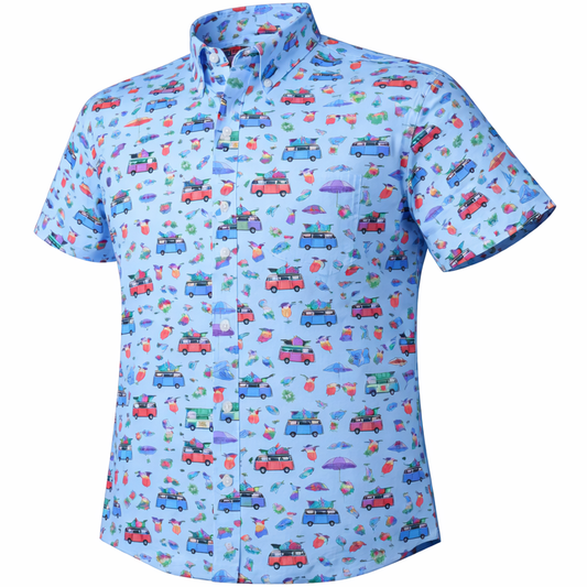 Beach Day woven shirt blue short sleeve stretch button-down front view