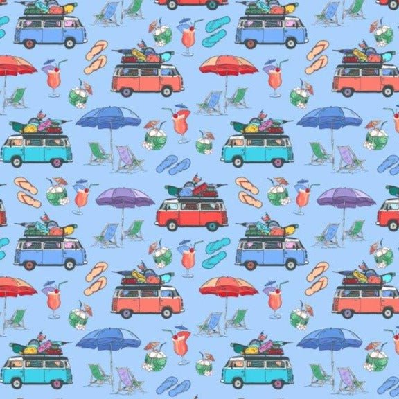 Beach Day woven shirt blue beach-inspired graphic detail close up