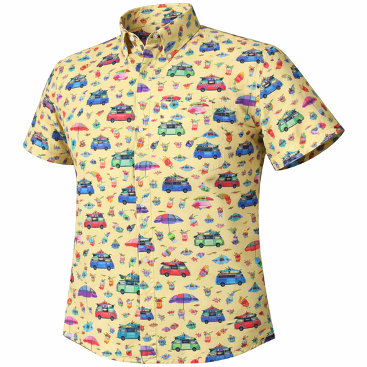Beach Day woven shirt yellow short sleeve stretch button-down front view