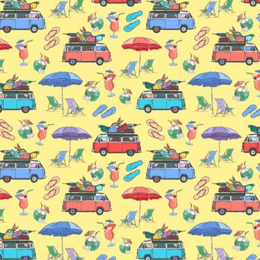 Beach Day woven shirt yellow beach-inspired pattern detail close up