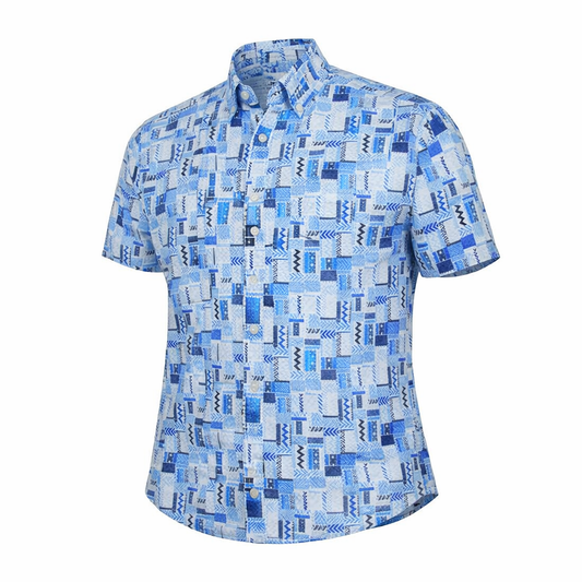Bluestone Tiles Woven Shirt blue geometric tile pattern short sleeve button down front view