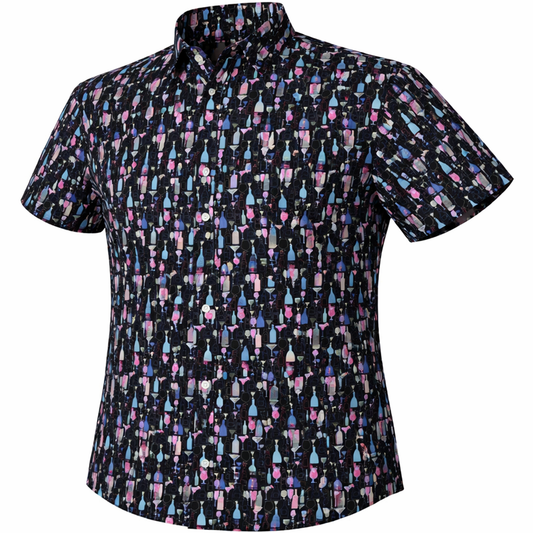 Bottles and Glasses woven shirt black short sleeve stretch button-down front view