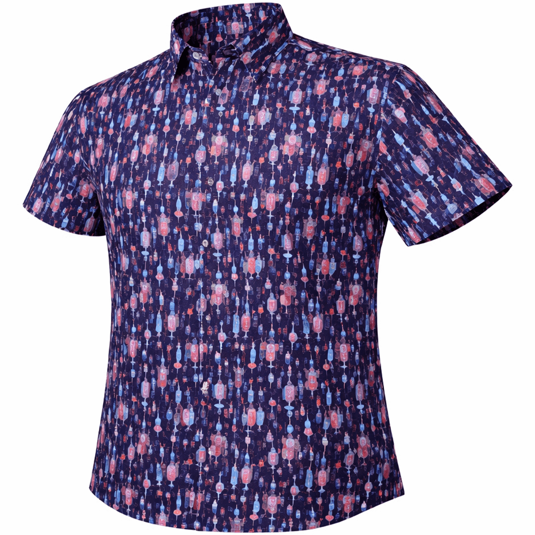 Bottles and Glasses woven shirt navy short sleeve stretch button-down front view
