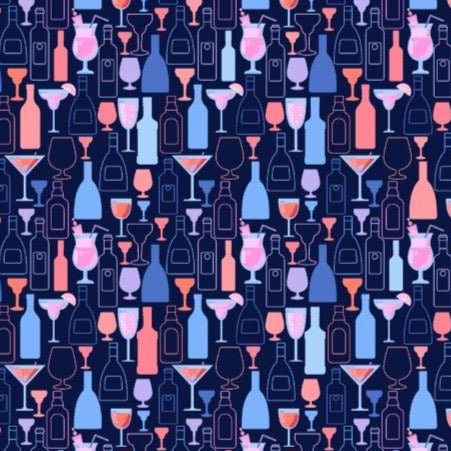 Bottles and Glasses woven shirt navy bottles and glasses graphic detail close up