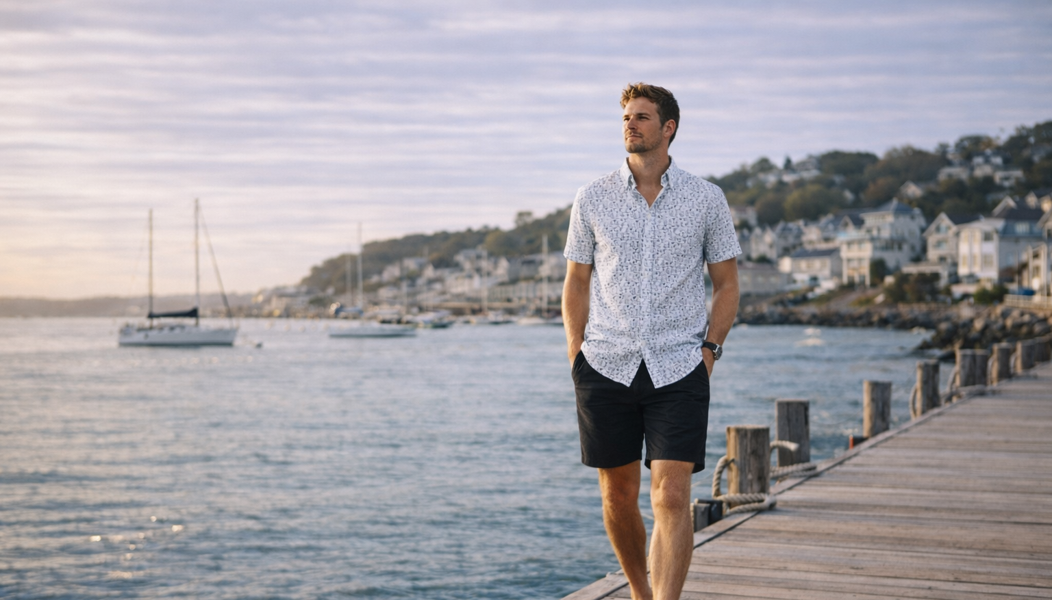Man in black and white printed short-sleeve woven shirt and black tailored shorts walking on marina boardwalk in warm spring coastal light