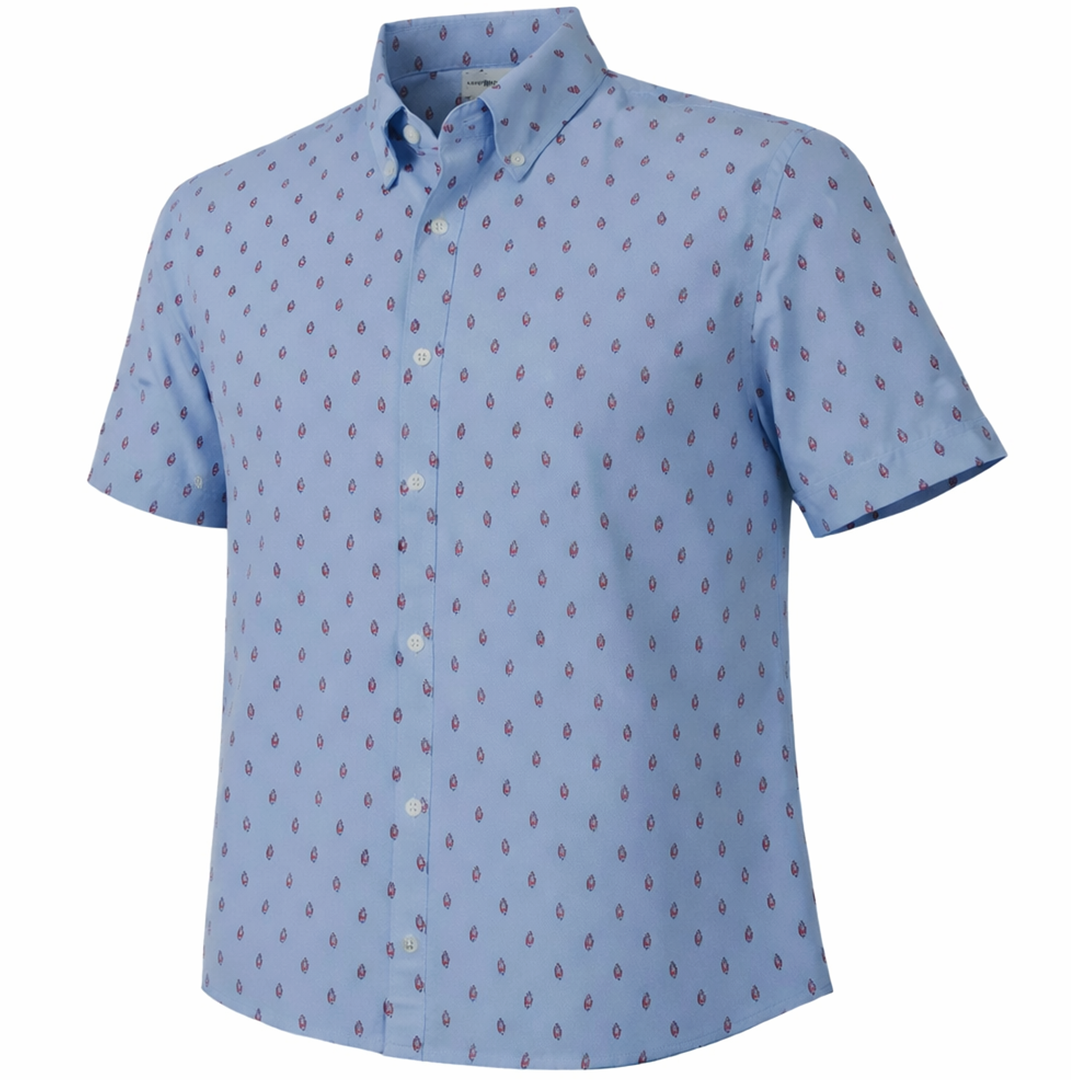 Buoys woven shirt blue short sleeve stretch button-down front view
