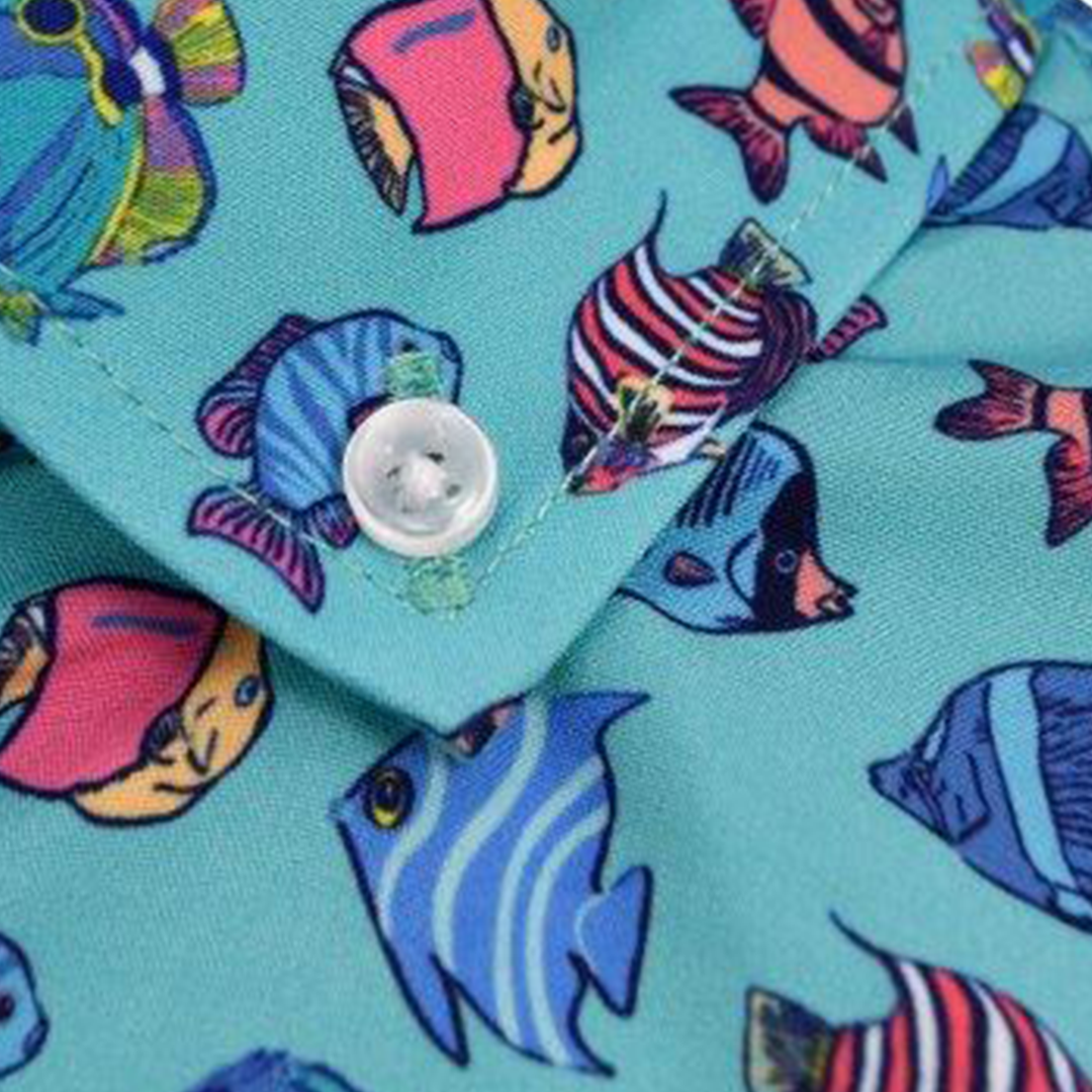 Exotic Fished woven shirt aqua detailed fish pattern close up