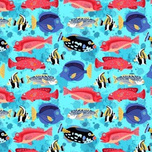 Fish swim trunks aqua ocean fish pattern detail close up