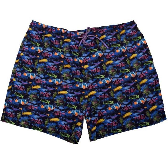 Fish swim trunks deep navy athletic fit quick dry front view