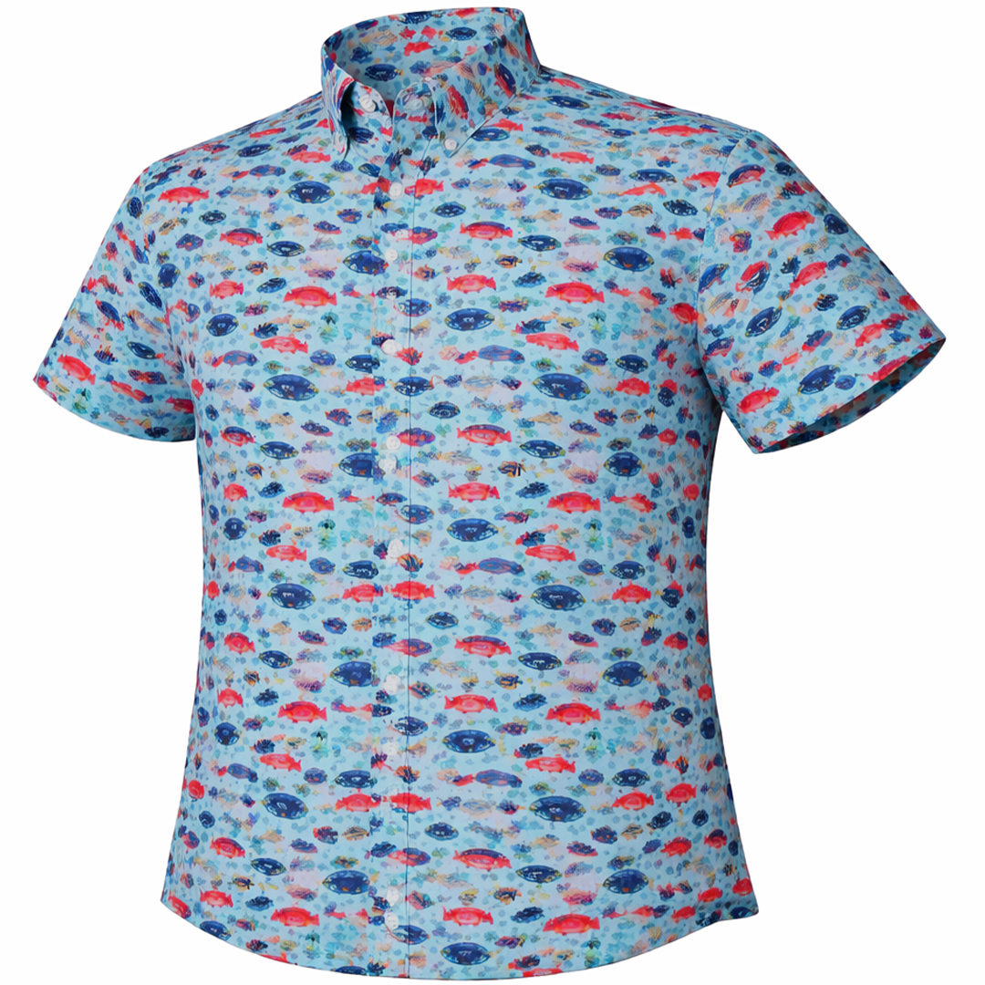 Fishes woven shirt aqua short sleeve stretch button-down front view