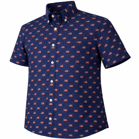 Flag Sea woven shirt navy short sleeve stretch button-down front view