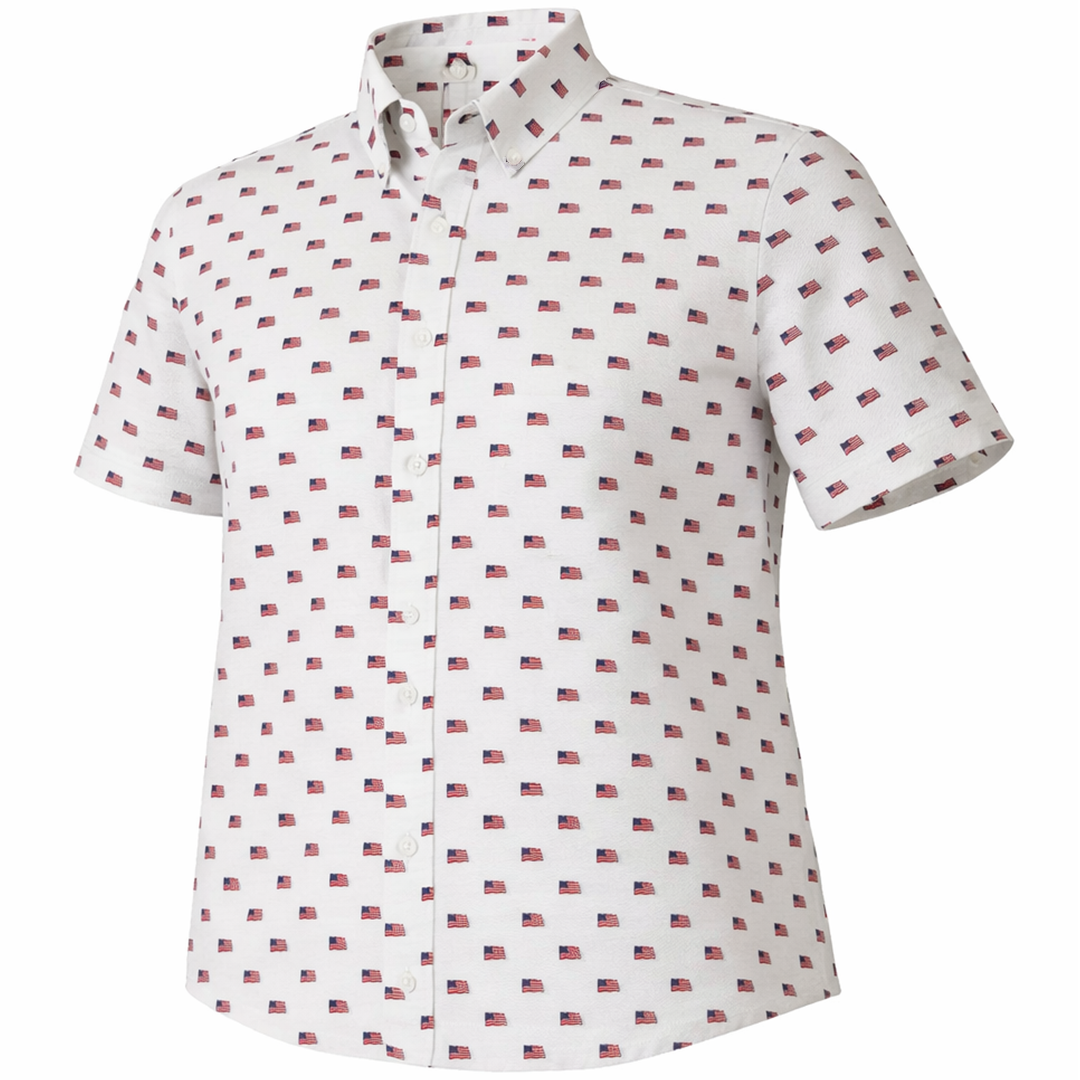 Flag Sea woven shirt silver short sleeve stretch button-down front view