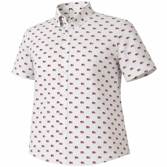 Flag Sea woven shirt silver short sleeve stretch button-down front view