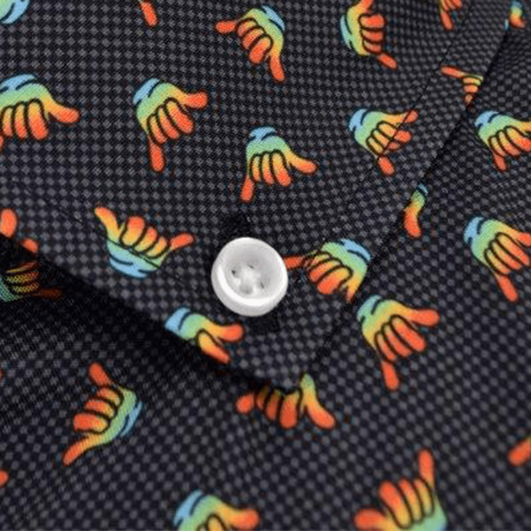 Hang Loose woven shirt black hang loose hand graphic detail close up