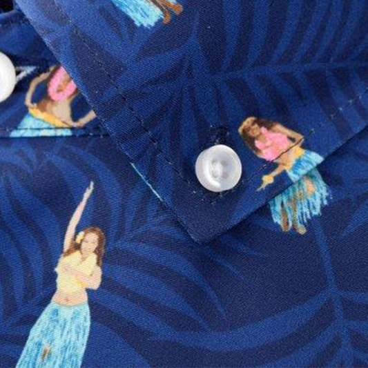 Hula Girls woven shirt tropical hula girls print detail close up
