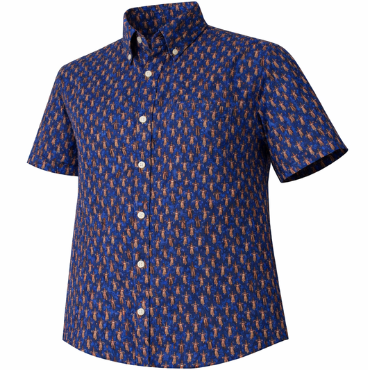 Hula Pineapples woven shirt navy short sleeve stretch button-down front view