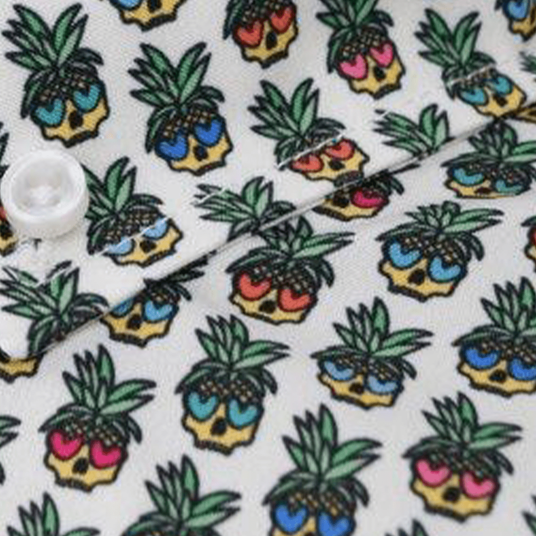 Pineapple Skull woven shirt white pineapple skull graphic detail close up
