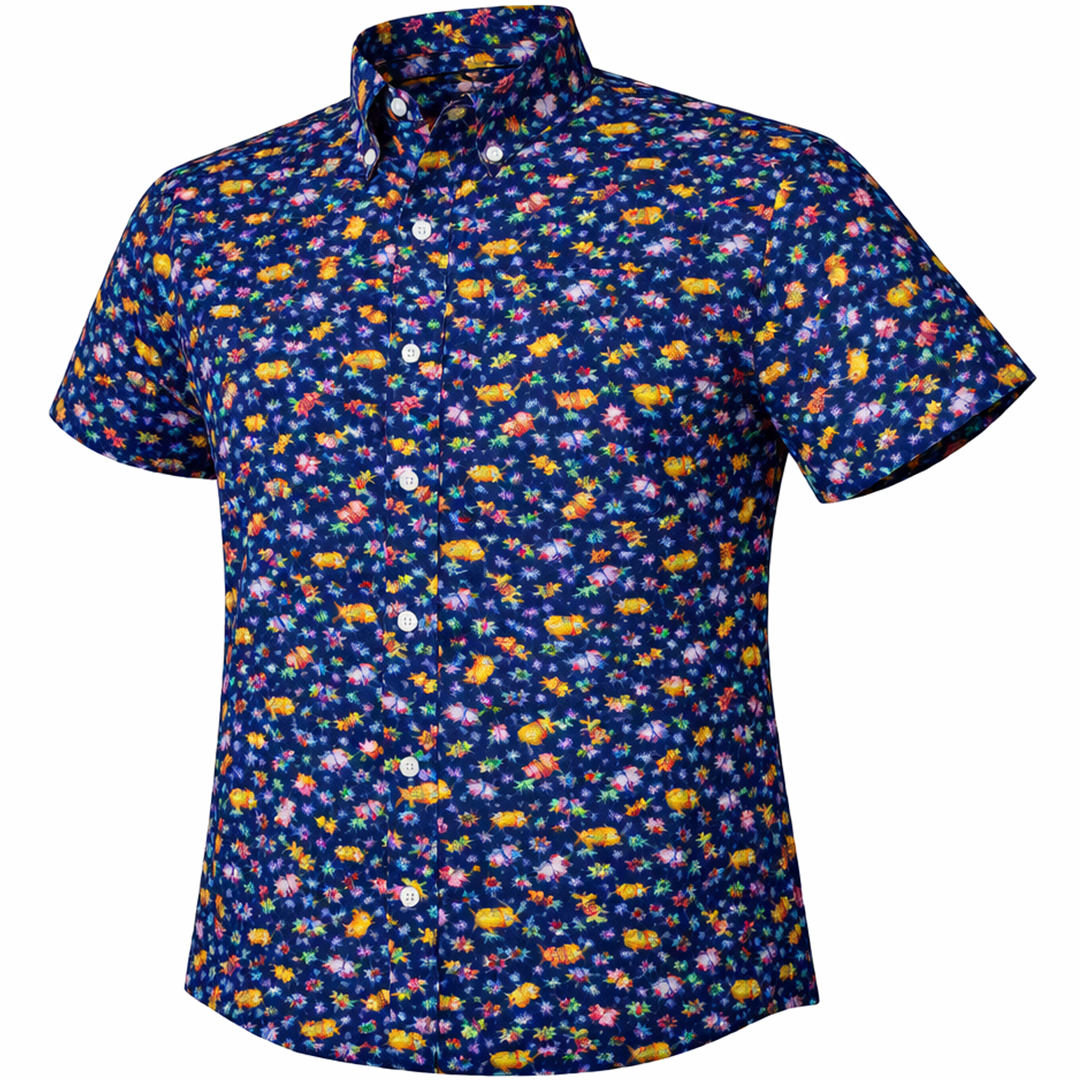 Fish woven shirt deep navy short sleeve stretch button-down front view