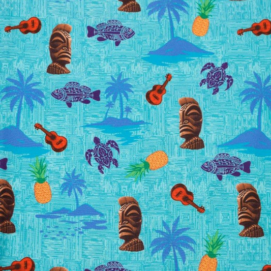 Isla Bonita Woven Shirt lagoon tropical pattern detail close up