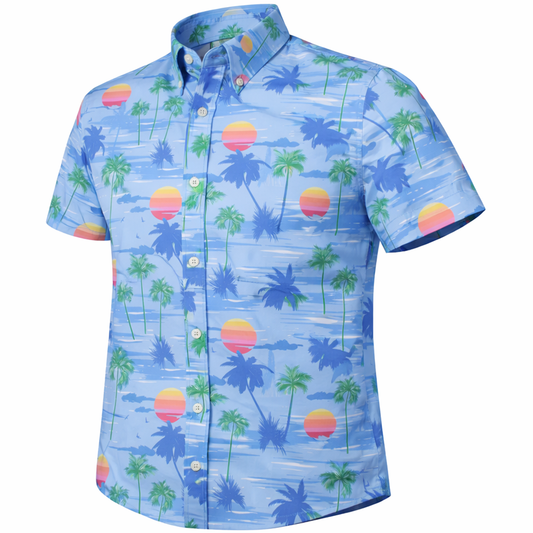 Island Paradise woven shirt blue short sleeve stretch button-down front view