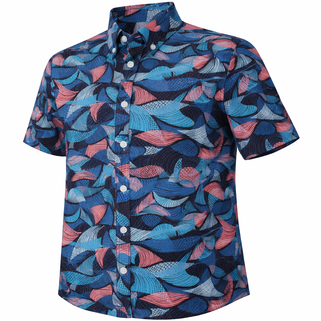 Leaves and Layers woven shirt navy short sleeve stretch button-down front view