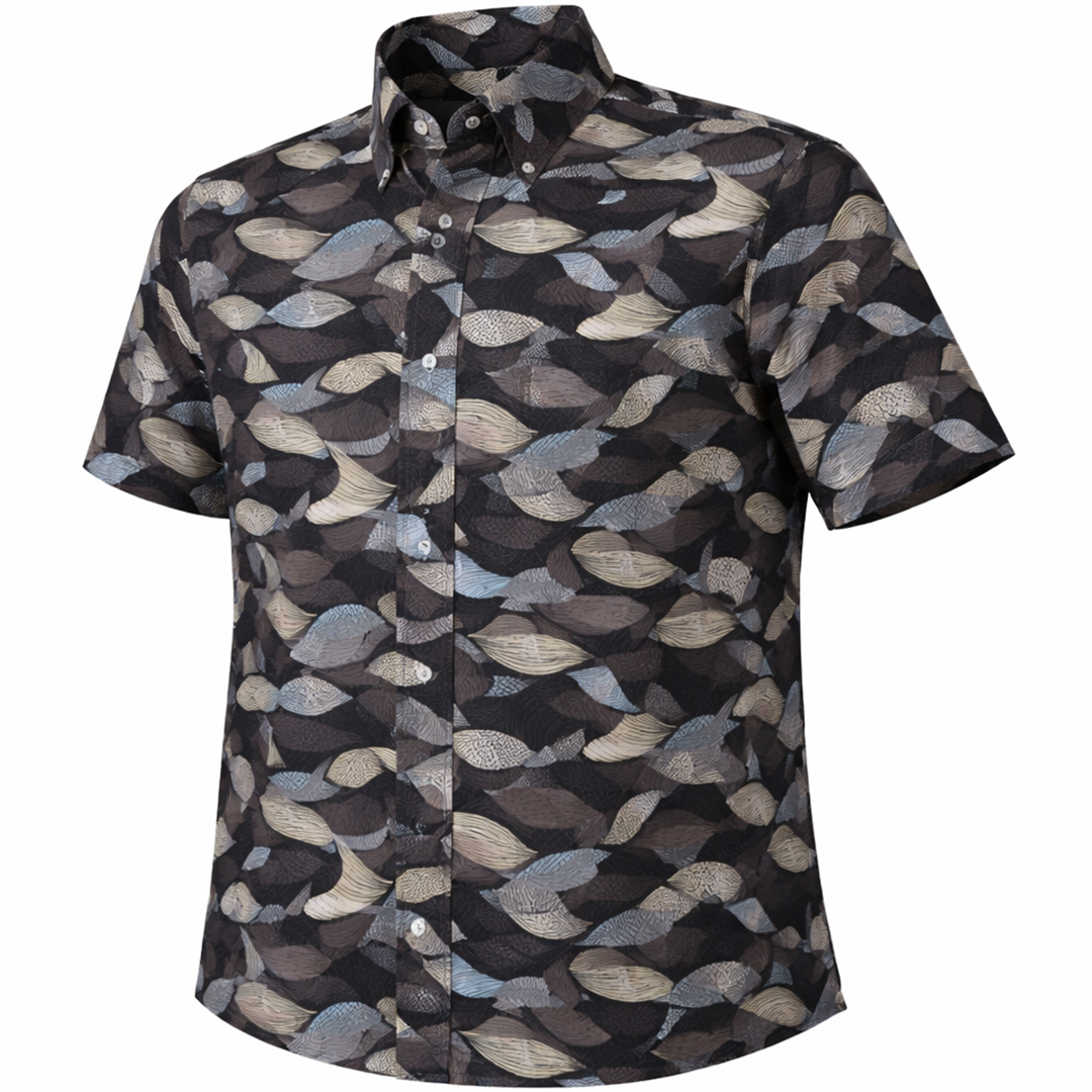 Leaves and Layers woven shirt smoke short sleeve stretch button-down front view