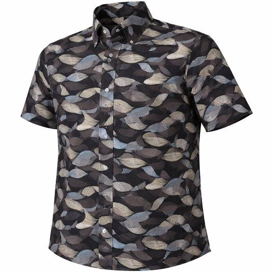 Leaves and Layers woven shirt smoke short sleeve stretch button-down front view