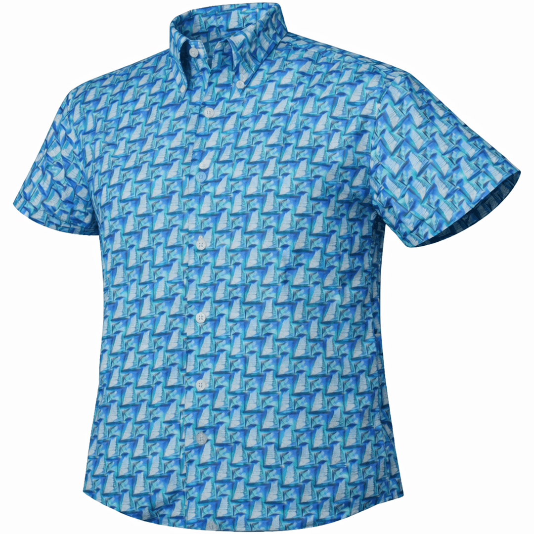 Let’s Go Sailing woven shirt lagoon short sleeve stretch button-down front view