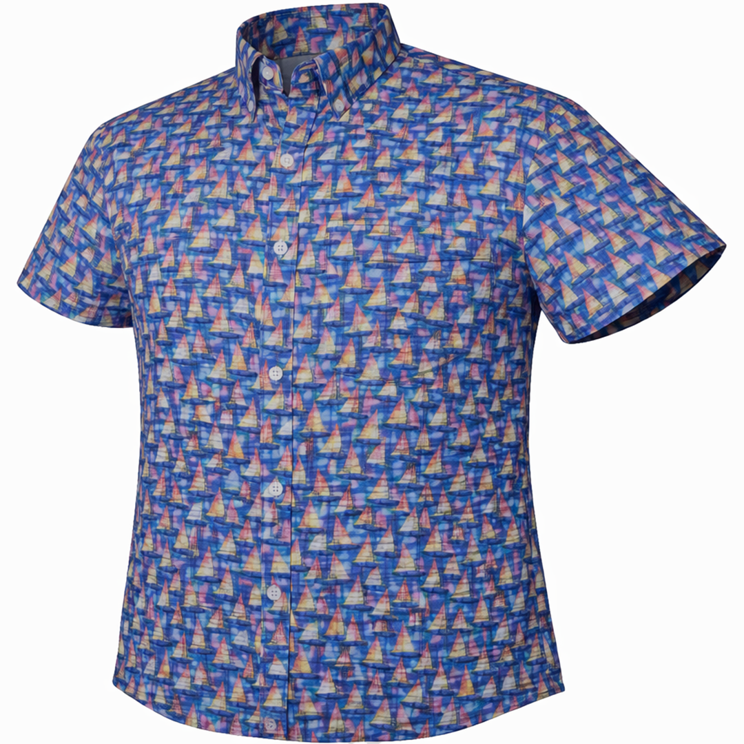 Let’s Go Sailing woven shirt multi short sleeve stretch button-down front view