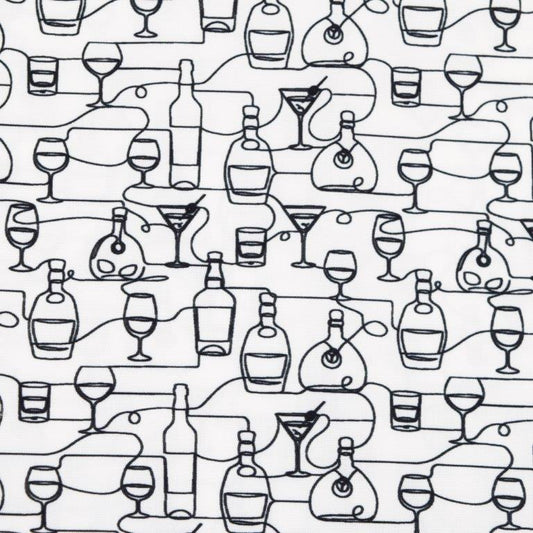 Liquor Bottles Woven Shirt white black liquor bottle pattern detail close up