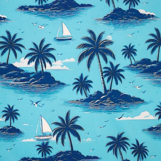 My Isle Swim Trunks aqua tropical pattern detail close up